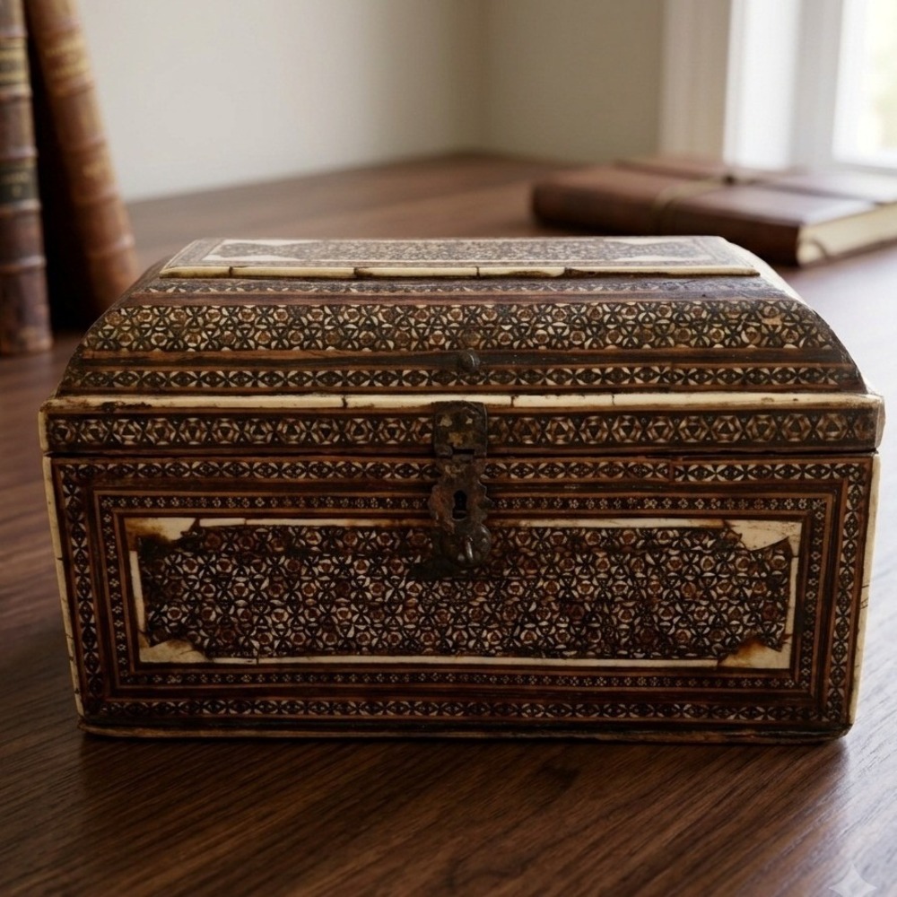 Antique Khatam Persian Marquetry Jewelry Box Inlay Domed Chest Mosaic Wood Bone